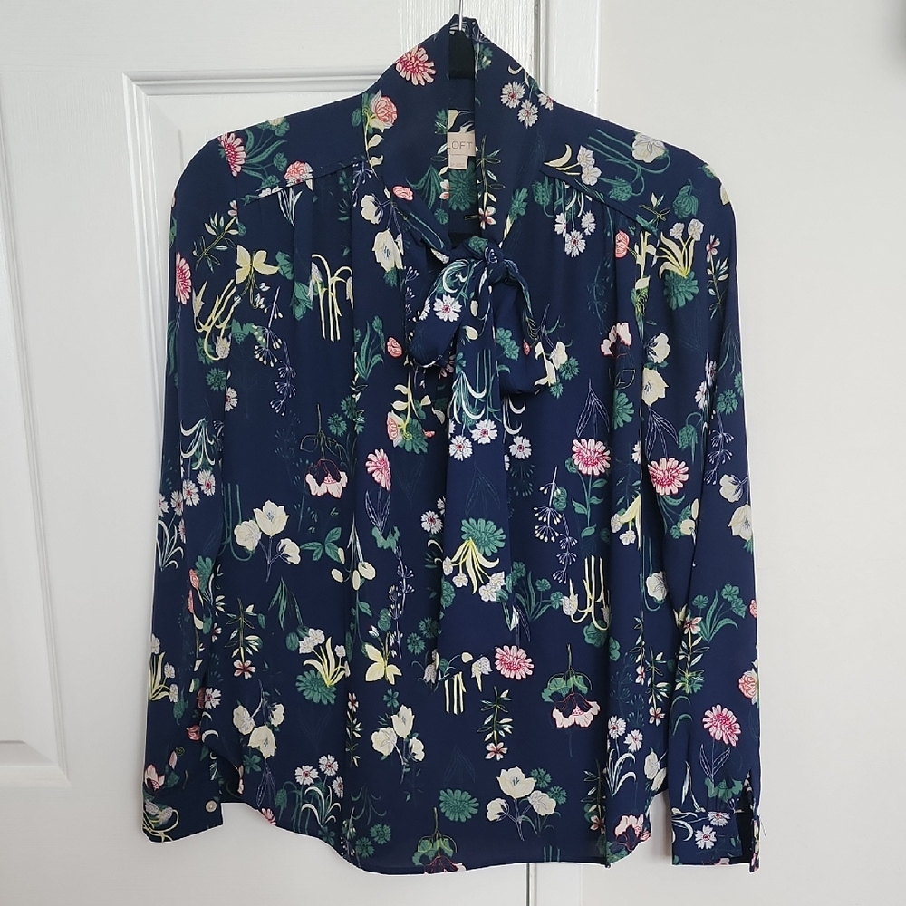 LOFT Navy Floral Blouse with Neck Tie